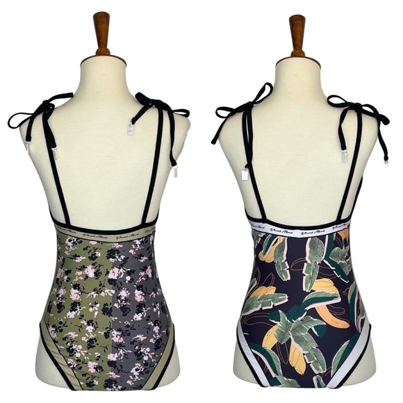 Boho Green & Black Floral Reversible Swimsuit with Shoulder Ties - Picture 6 of 16
